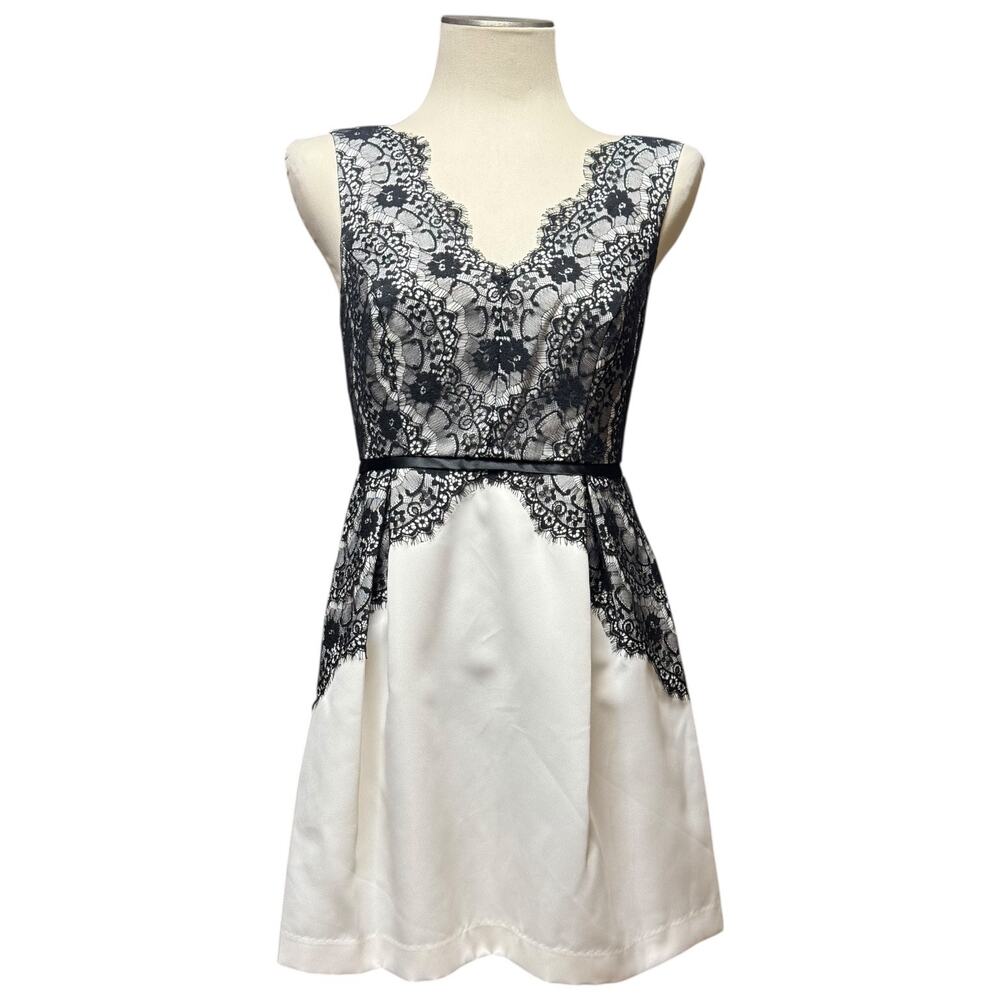 Max and Cleo V-Neck Sleeveless Satin Lace Mini Cocktail Dress Cream Black 4